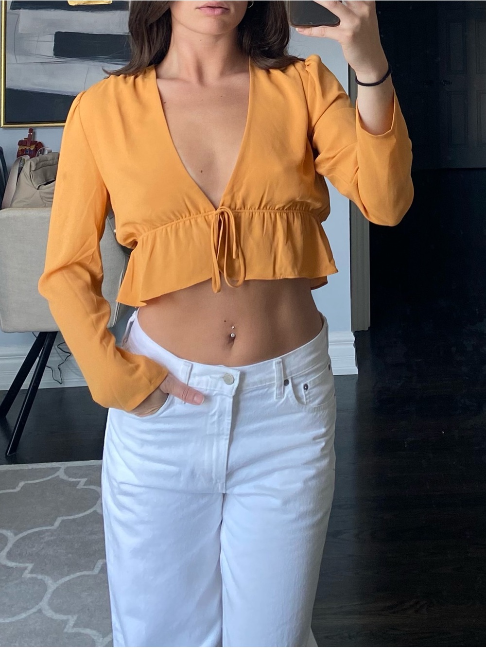 Orange Tie-Front Cropped Blouse - Women Tops